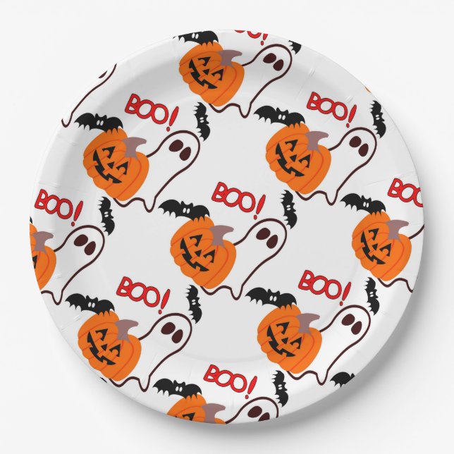 Halloween Paper Plates 9"/Pumpkin, Ghost and Bats (Front)