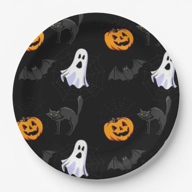Halloween Paper Plates/Ghost, Pumpkins and Bats Plate (Front)