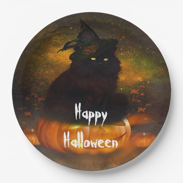 Halloween Paper Plates/Pretty Black Cat Plate (Front)