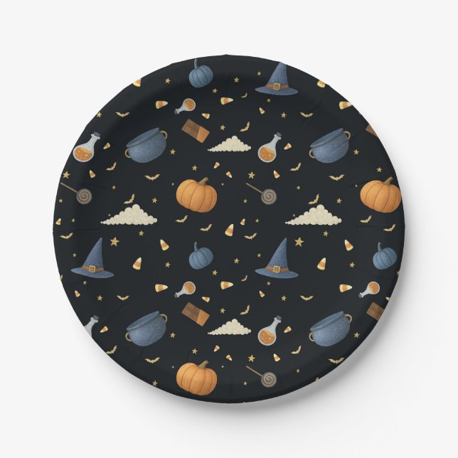 Halloween Paper Plates — Pumpkins, Cauldrons & Sta (Front)