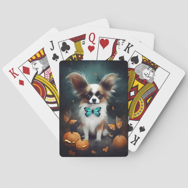 Halloween Papillon With Pumpkins Scary  Playing Cards (Back)