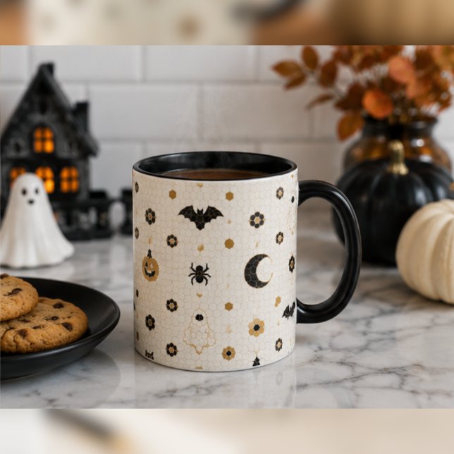 Halloween Parisian Bistro Mosaic Tile Coffee Mug (Halloween ceramic mug with pumpkins and candle on a cozy rustic autumn table.)