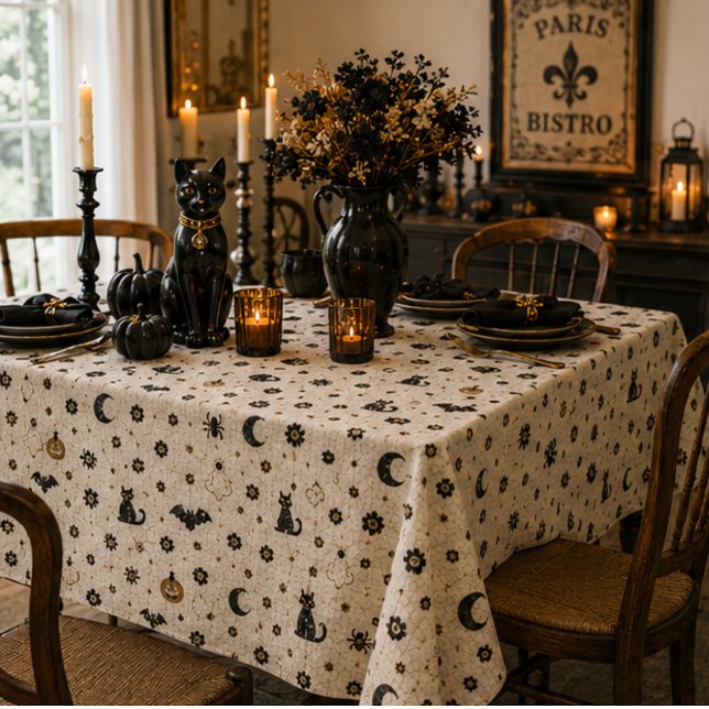 Halloween Parisian Bistro Mosaic Tile Gothic Black Tablecloth (Halloween Parisian Bistro mosaic tablecloth on elegant dining table with black cats, pumpkins and ca)