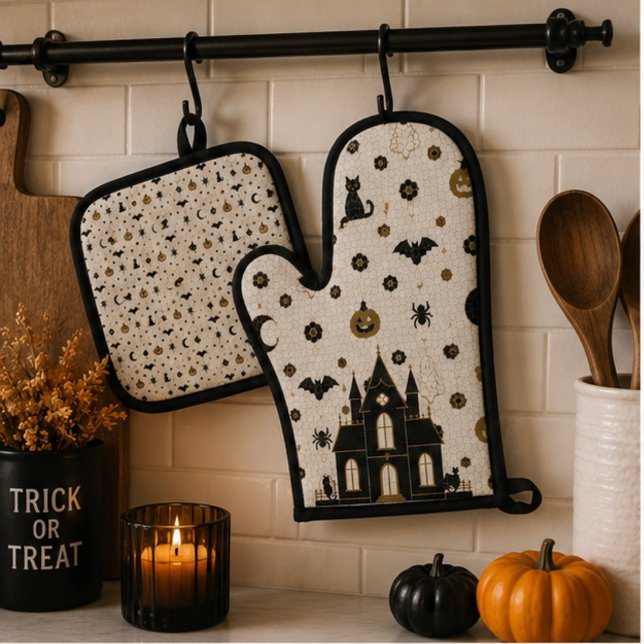 Halloween Parisian Bistro Mosaic Tile Haunted Hous Oven Mitt & Pot Holder Set (Halloween oven mitt and pot holder set in elegant Parisian mosaic tile kitchen with spooky seasonal )