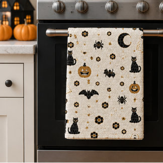 Halloween Parisian Bistro MosaicPumpkin, Black Cat Tea Towel