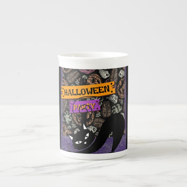 Halloween Party and Black Cat Bone China Mug (Front)
