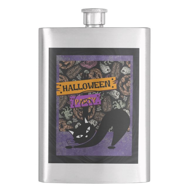 Halloween Party and Black Cat Hip Flask (Front)