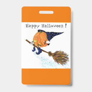 Halloween Party Badge Witch Pumpkin Flying Broom ID Badge