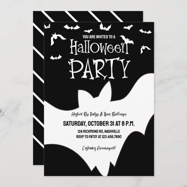 Halloween Party Bat Black and White Spooky Costume Invitation (Front/Back)
