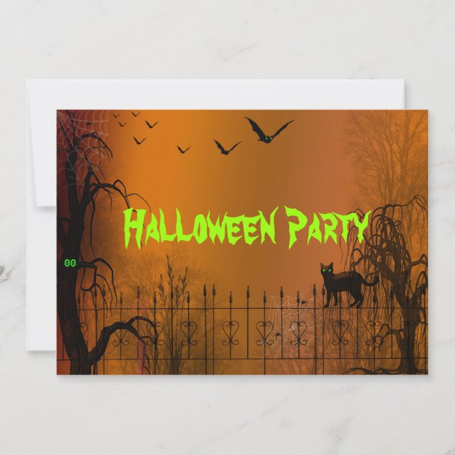 Halloween Party Bats and Black Cat Invitation (Front)