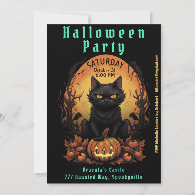 Halloween Party | Black Cat and Pumpkin Invitation (Front)