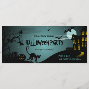Halloween Party Black Cat Haunted House Blue Invitation