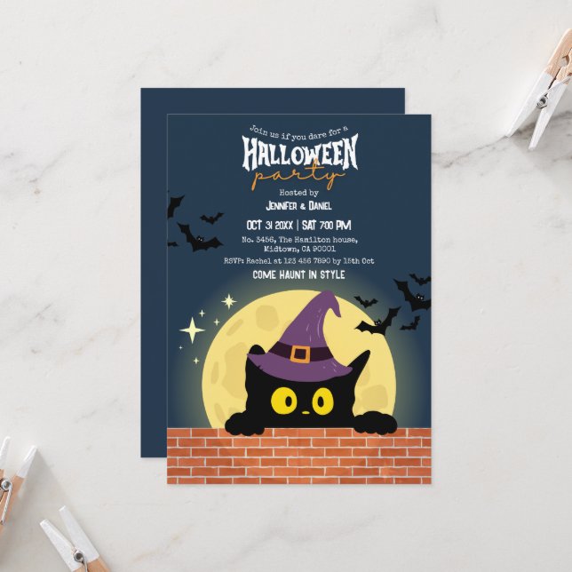 Halloween Party Black Cat Moon Bat WitchHat Spooky Invitation (Front/Back In Situ)
