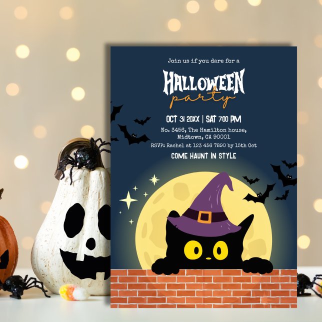 Halloween Party Black Cat Moon Bat WitchHat Spooky Invitation (Creator Uploaded)