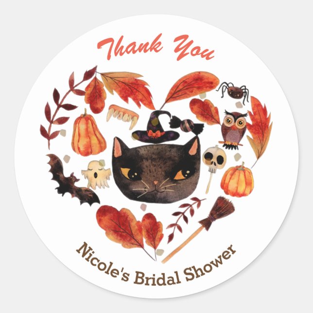 Halloween Party Black Cat Watercolor Whimsical Classic Round Sticker (Front)