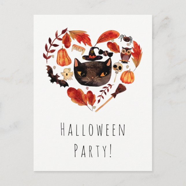 Halloween Party Black Cat Watercolor Whimsical Invitation Postcard (Front)