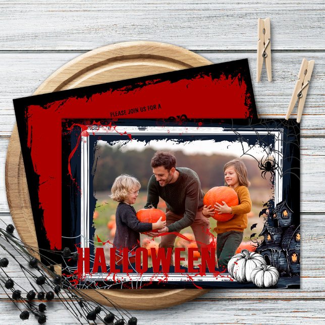 Halloween Party Black Frame with Pumpkins Photo Invitation (Creator Uploaded)