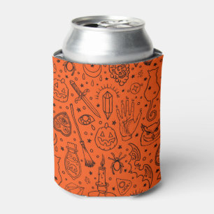 Halloween Party Black & Orange Doodle Pattern  Can Cooler