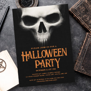 Halloween party creepy ghost skull black orange invitation