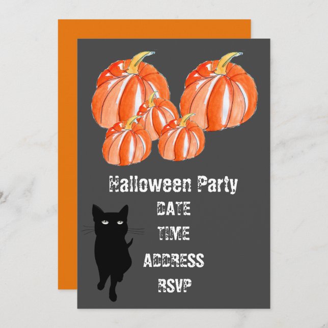 Halloween party cute pumpkins with black cat invitation (Front/Back)