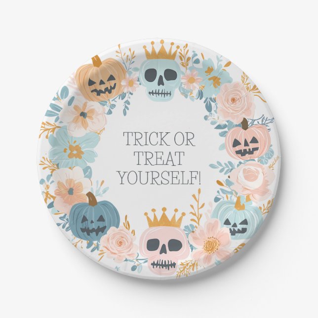 Halloween Party Cute Trick or Treat Skull Flower  Paper Plate (Front)