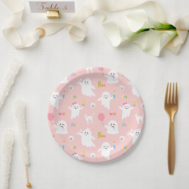 Halloween Party Decor Pink Ghost Paper Plate (Wedding)