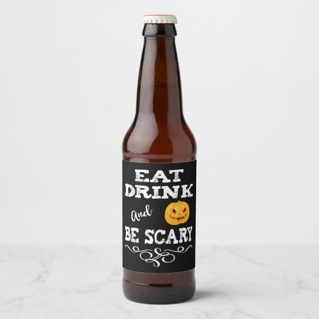 Halloween Party Eat Drink & Be Scary Pumpkin Face Beer Bottle Label (Front)