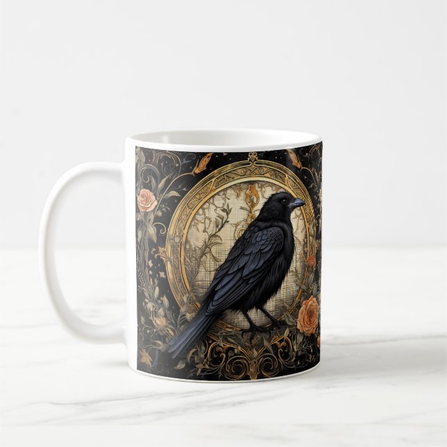 Halloween Party Evil Black Crow Orange Flowers Coffee Mug (Left)