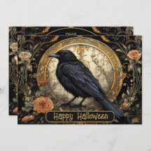 Halloween Party Evil Black Crow Orange Flowers