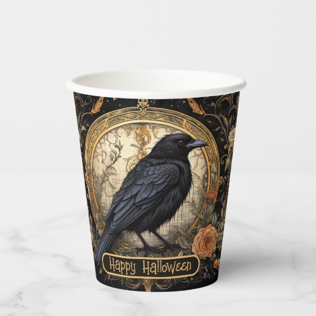 Halloween Party Evil Black Crow Orange Flowers Paper Cups (Front)