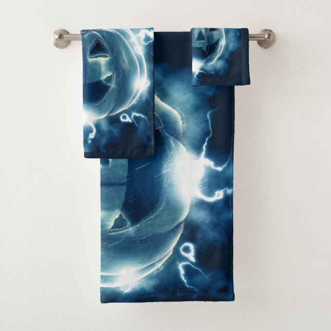Halloween Party Evil Blue Pumpkin Horror Scary Bath Towel Set (Insitu)