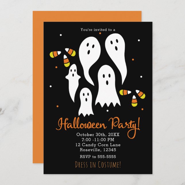 Halloween Party Ghosts & Candy Corn Black Orange Invitation (Front/Back)