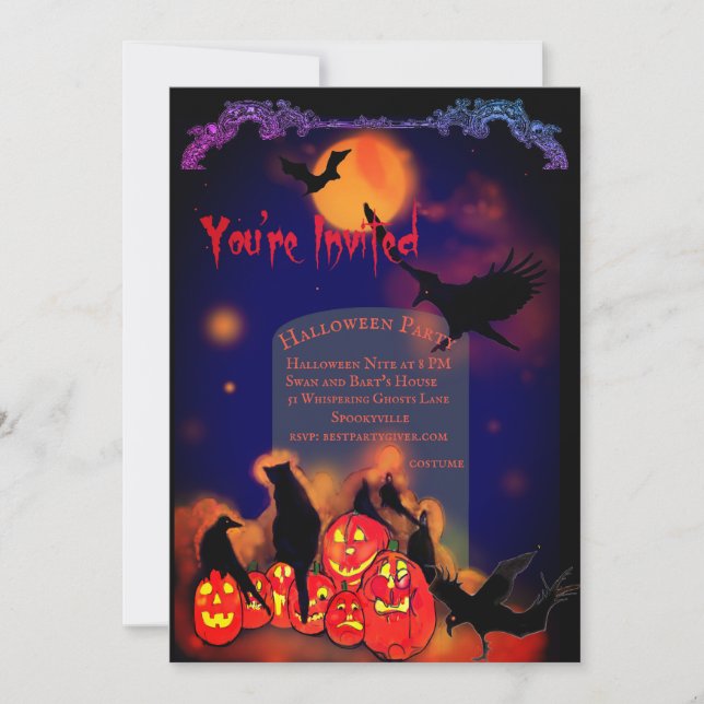 Halloween Party Glowing Pumpkins Ravens Black Cat Invitation (Front)