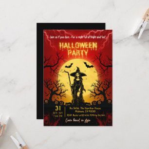 Halloween Party Gothic Witch Full Moon Bats Scary Invitation