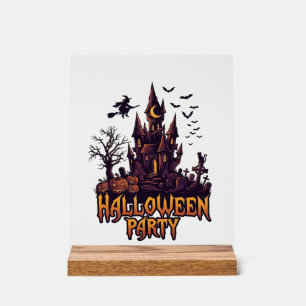 Halloween Party Haunted Castle Pumpkins Bats Acrylic Sign