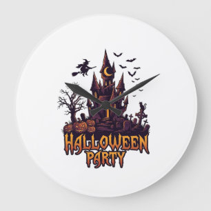 Halloween Party Haunted Castle Pumpkins Bats Large Clock
