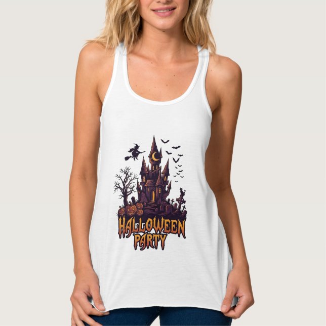 Halloween Party Haunted Castle Pumpkins Bats Singlet (Front)