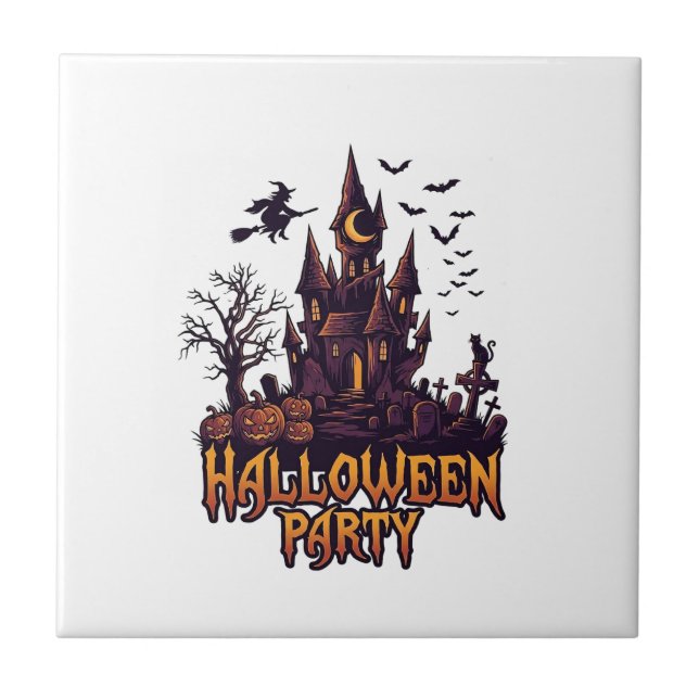 Halloween Party Haunted Castle Pumpkins Bats Tile (Front)