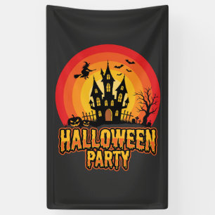 Halloween Party Haunted Castle Retro Vector Banner