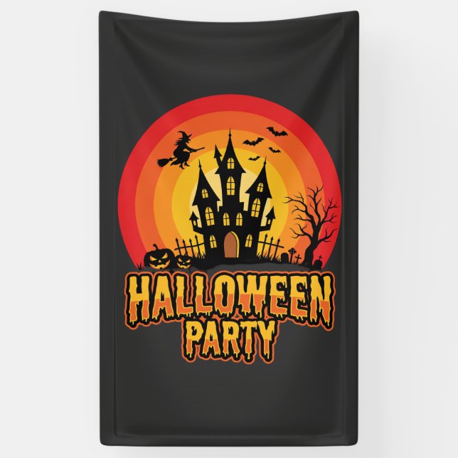 Halloween Party Haunted Castle Retro Vector Banner (Vertical)