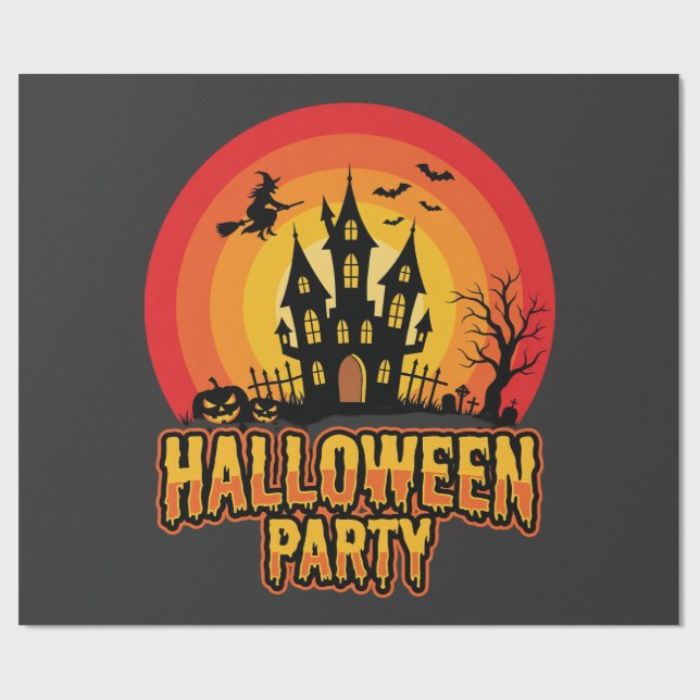 Halloween Party Haunted Castle Retro Vector Wrapping Paper (Flat)