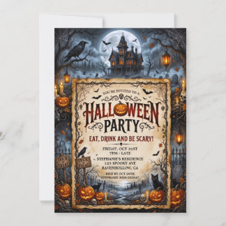 Halloween Party Haunted House Bats Black Cat Invitation