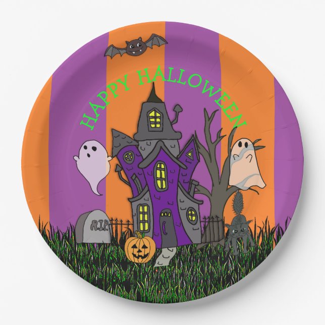 Halloween party Haunted House, Black Cat and Ghost Paper Plate (Front)