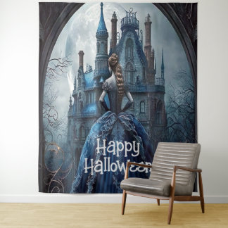 Halloween Party Haunted House Blue Night Scary Tapestry