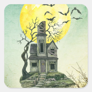 Halloween Party Haunted House Full Moon Square Sticker
