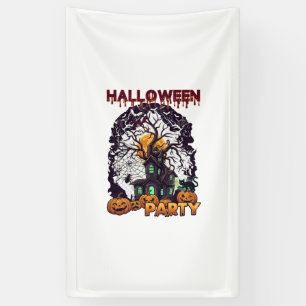 Halloween Party Haunted House Tree Pumpkins Black Banner