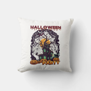 Halloween Party Haunted House Tree Pumpkins Black Cushion