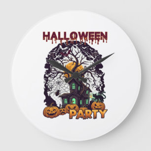 Halloween Party Haunted House Tree Pumpkins Black  Large Clock