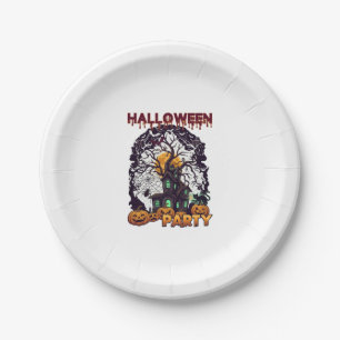 Halloween Party Haunted House Tree Pumpkins Black  Paper Plate