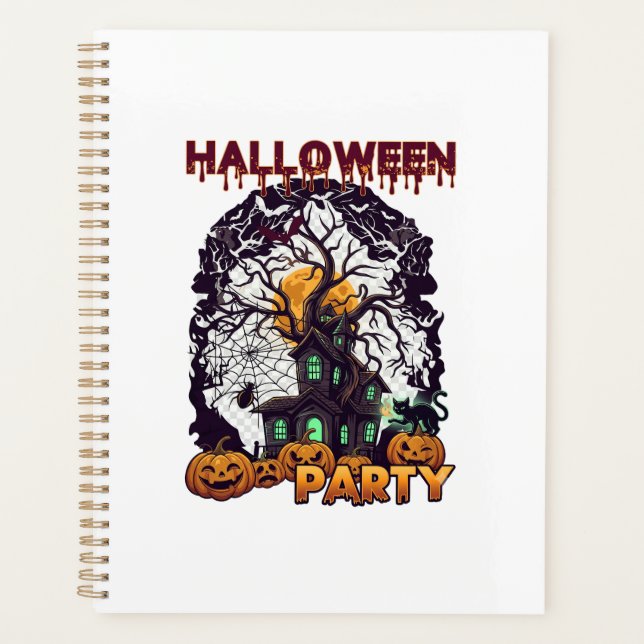 Halloween Party Haunted House Tree Pumpkins Black  Planner (Front)